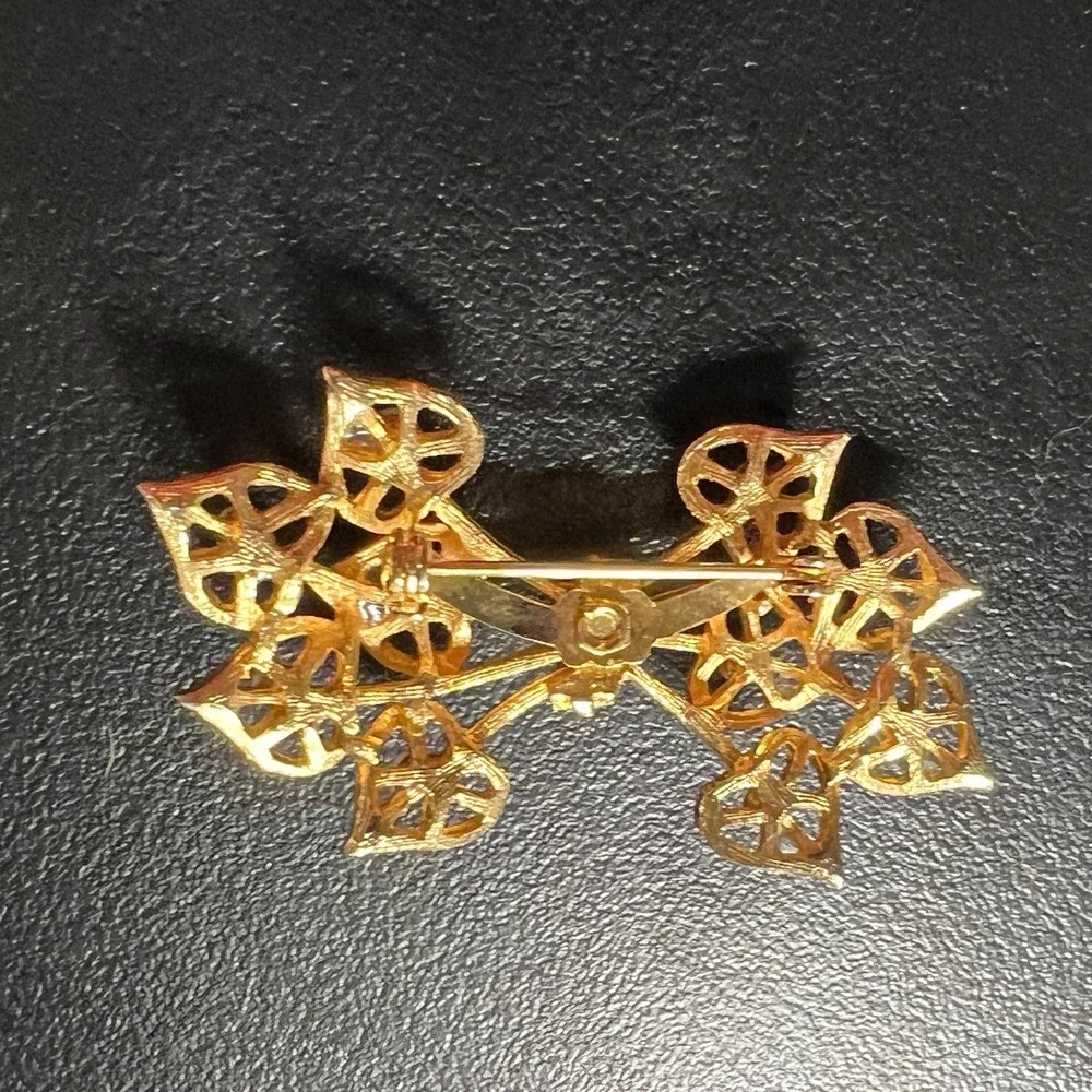 Gold Tone Filigree‎ Bow Brooch Faux Pearl Accent Floral Vintage Inspired Pin
